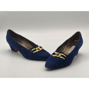 Rangoni Womens Gold Chain Slip On Pointed Toe Suede Pump Shoes Royal Blue Size 9